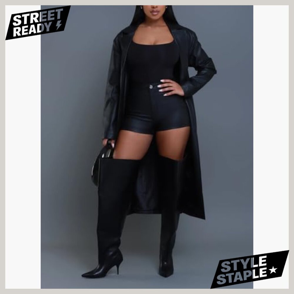High Waist Faux Leather Shorts, Zipper Front, Stretchy PU Material - Picture 6 of 7